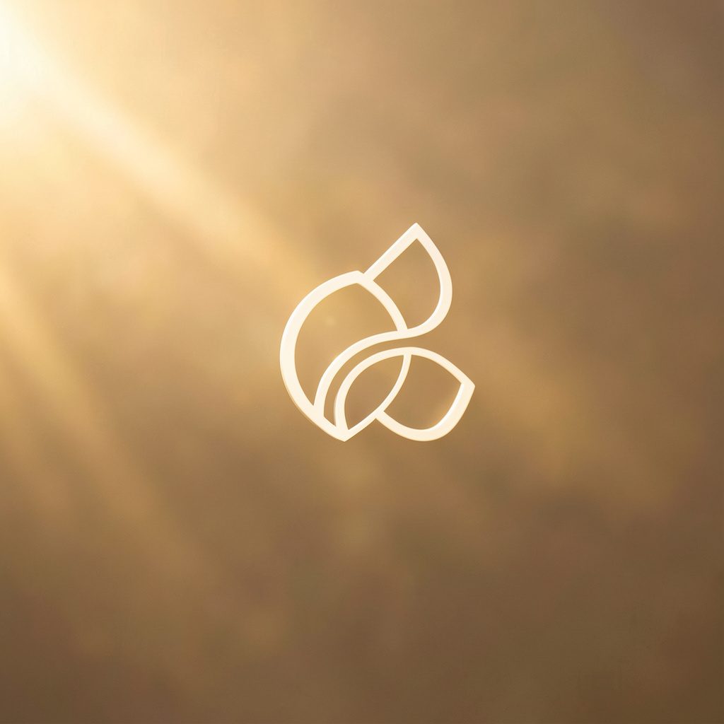 Okrągłe, minimalistyczne logo z delikatnym motywem, w tonacji szaro-złotej na jasnym tle